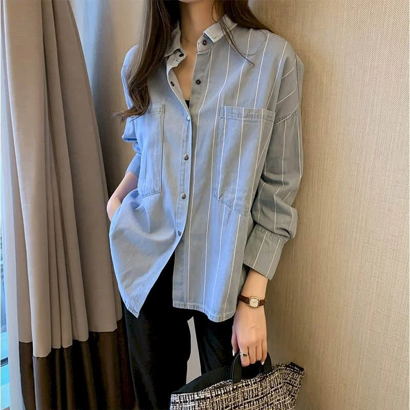 

Denim Shirts for Women Vintage Long Sleeve Striped Cardigans Polo-neck Casual Single Breasted Korean Style One-piece Women Tops