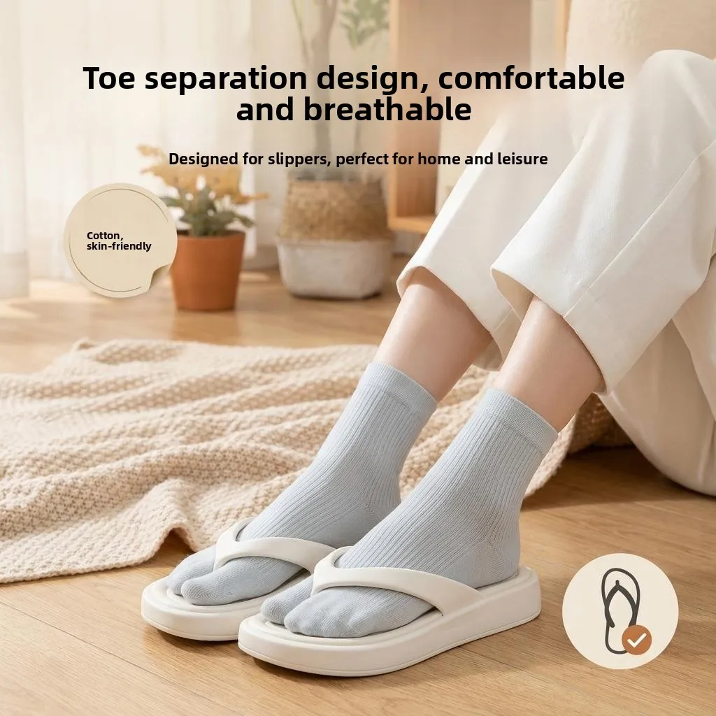 Women's Summer Thin Breathable Anti-Odor Two-Finger Sandal Socks Mid-Calf No-Show Socks Slip-On Casual Comfortable Socks