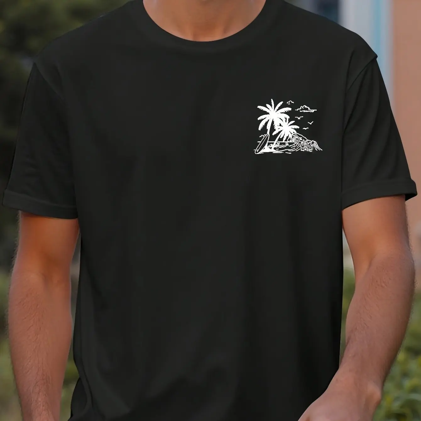 Men Casual Short Sleeve T-Shirt Vibrant Blue with White Palm Tree Wave Graphic Print Breathable Round Neck Tee Men Clothing
