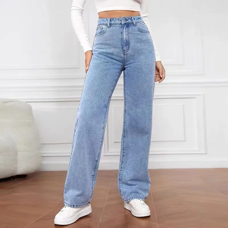 

High Waist Straight Leg Jeans Ele Sle Women's Premium Jeans Denim Fabric Folded Spring Season Ladies Fit Slightly Stretchy