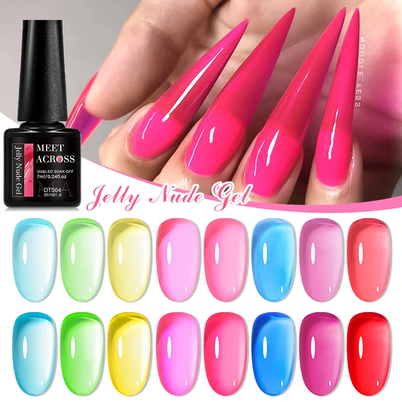 MEET ACROSS 7ml Jelly Nude Gel Nail Polish 34 Color Semi Transparent Summer Glass Gel Nails Soak off UV LED Nail Art Gel Varnish