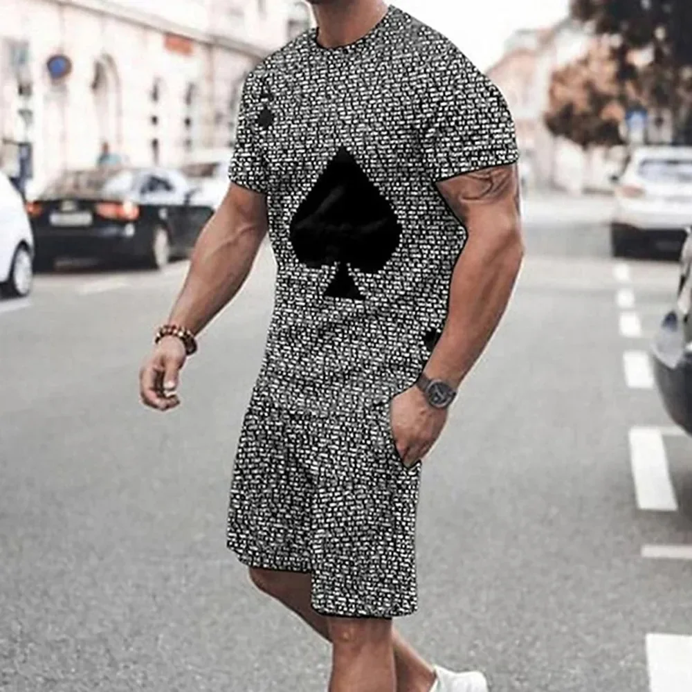 

2024 New Men's Summer Leisure Sports Running Set Oversized Men's Refreshing Top Y2K Style Printed 3D Poker Pattern Fashion Set