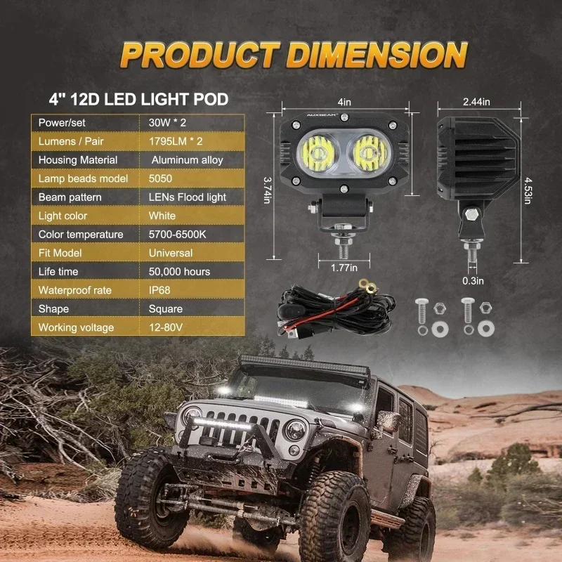 AUXBEAM 4 Inch LED Spot/ Flood Beam Driving Fog Lamp with Wiring Harness Work Lighs for Jeep Wrangler Truck Pickup SUV