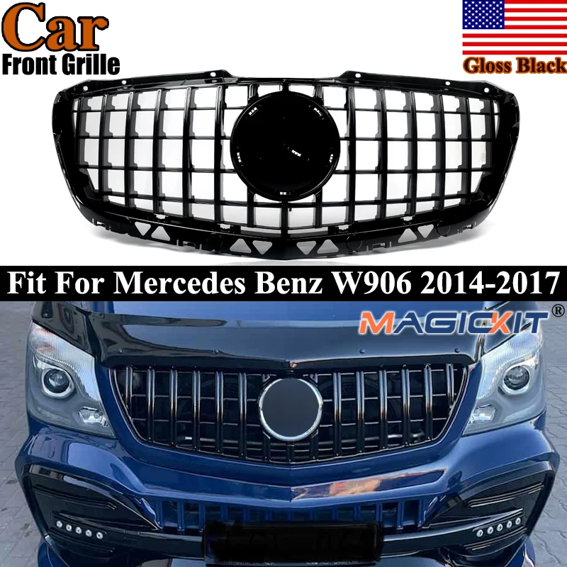 

Magickit GT Style Front Grille Glossy Black For 2014-2017 Mercedes Benz W906 Sprinter 2500 3500 Grills Without Camera Hole