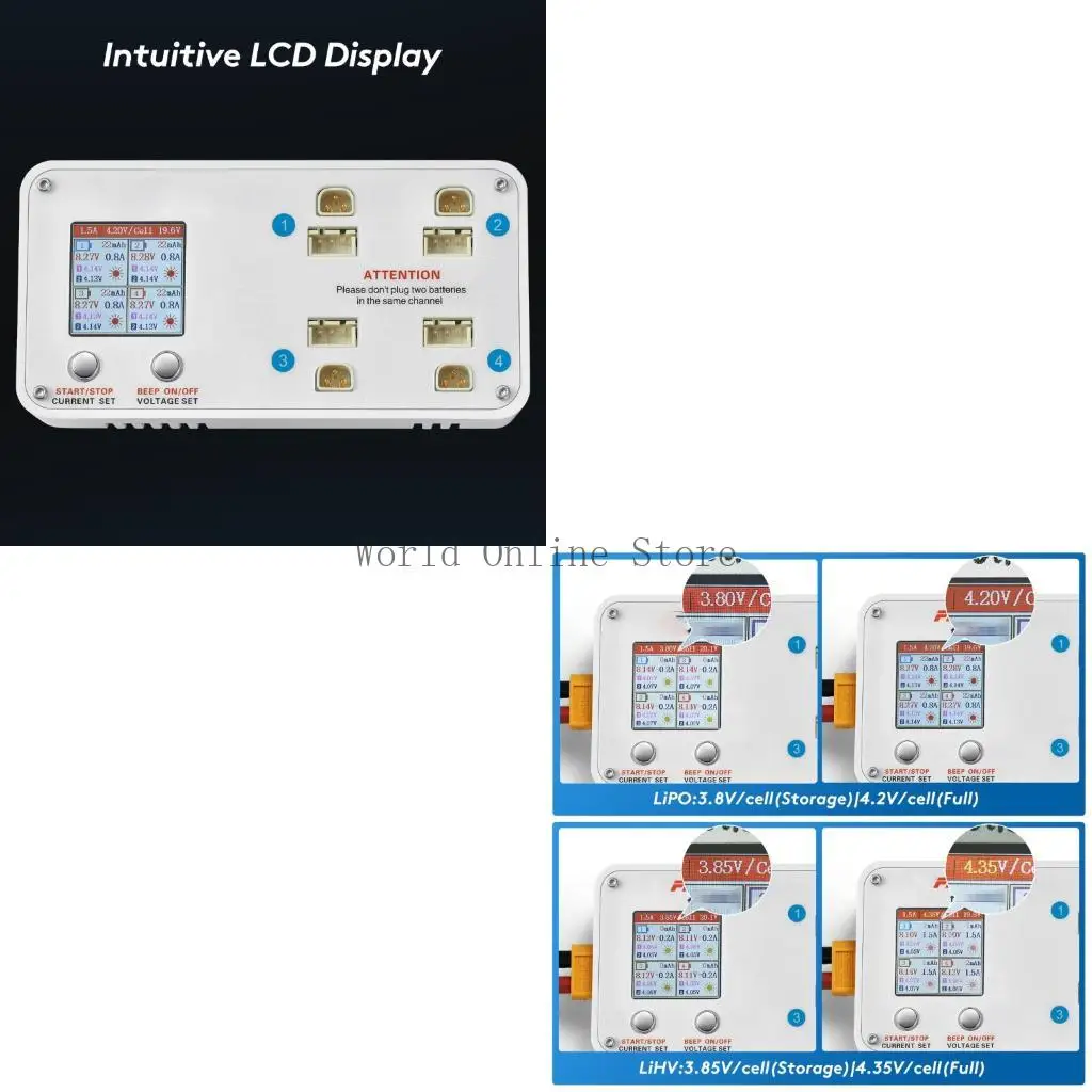 

4 Port 2S Lipos Battery Balance Storage Mode Independent Channel LCD Display 87HC