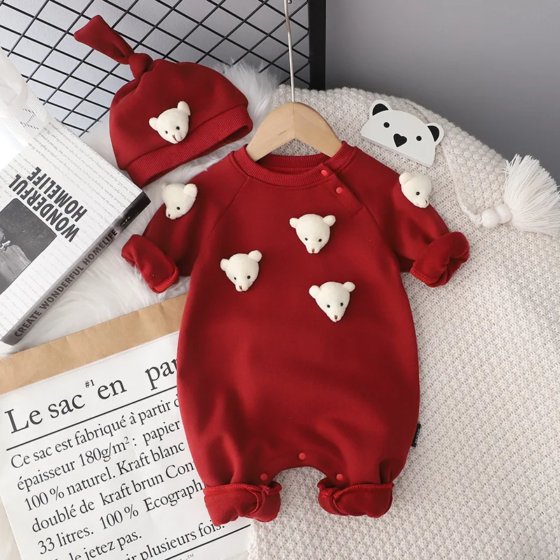 Autumn Winter Baby Rompers 0-2 Y Newborn Boy Girl Long Sleeve Bear Fleece Hat Jumpsuit Playsuit Outwear Warm Clothes Ropa Bebe