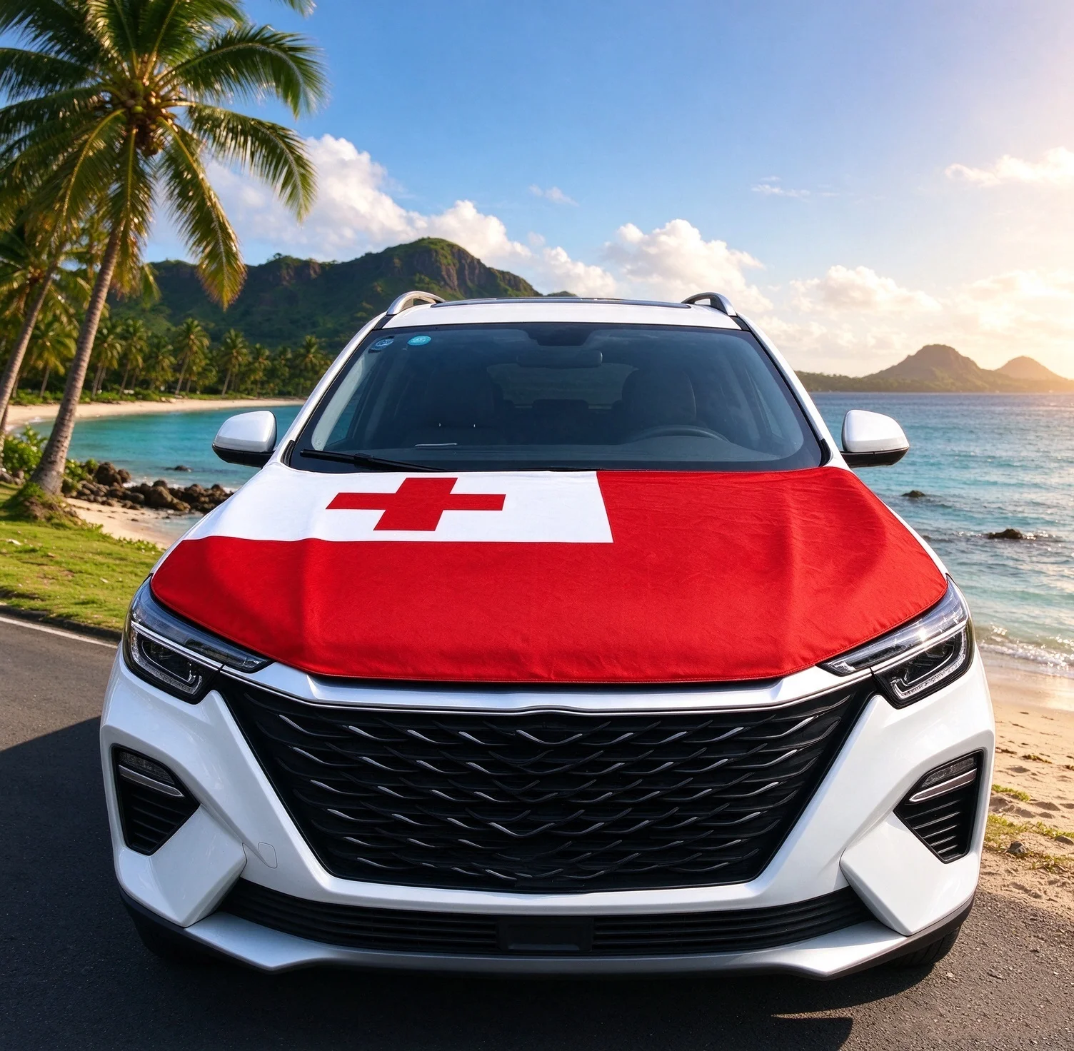 115×160cm Tongan Elastic Car Hood Cover Flag Universal Auto Engine Bonnet Protector Cover Football Fans Car Exterior Decor