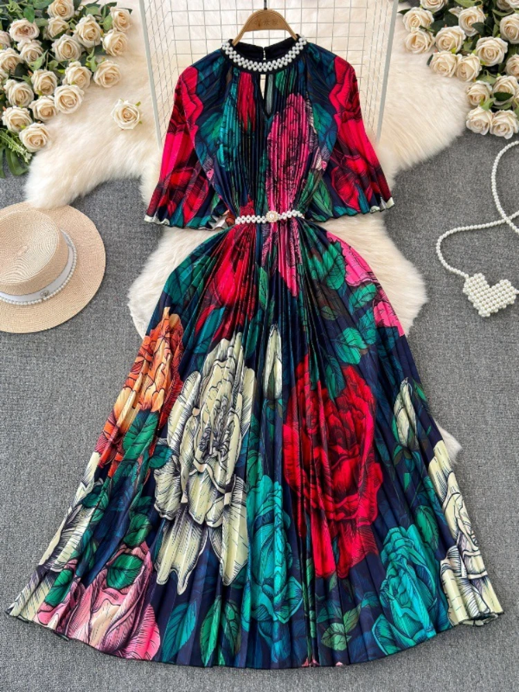 Women Vintage Floral Pleated Dress Spring Summer Stand Collar A-line Print Dresses Ladies Elegant Slim Evening Party Long Robe