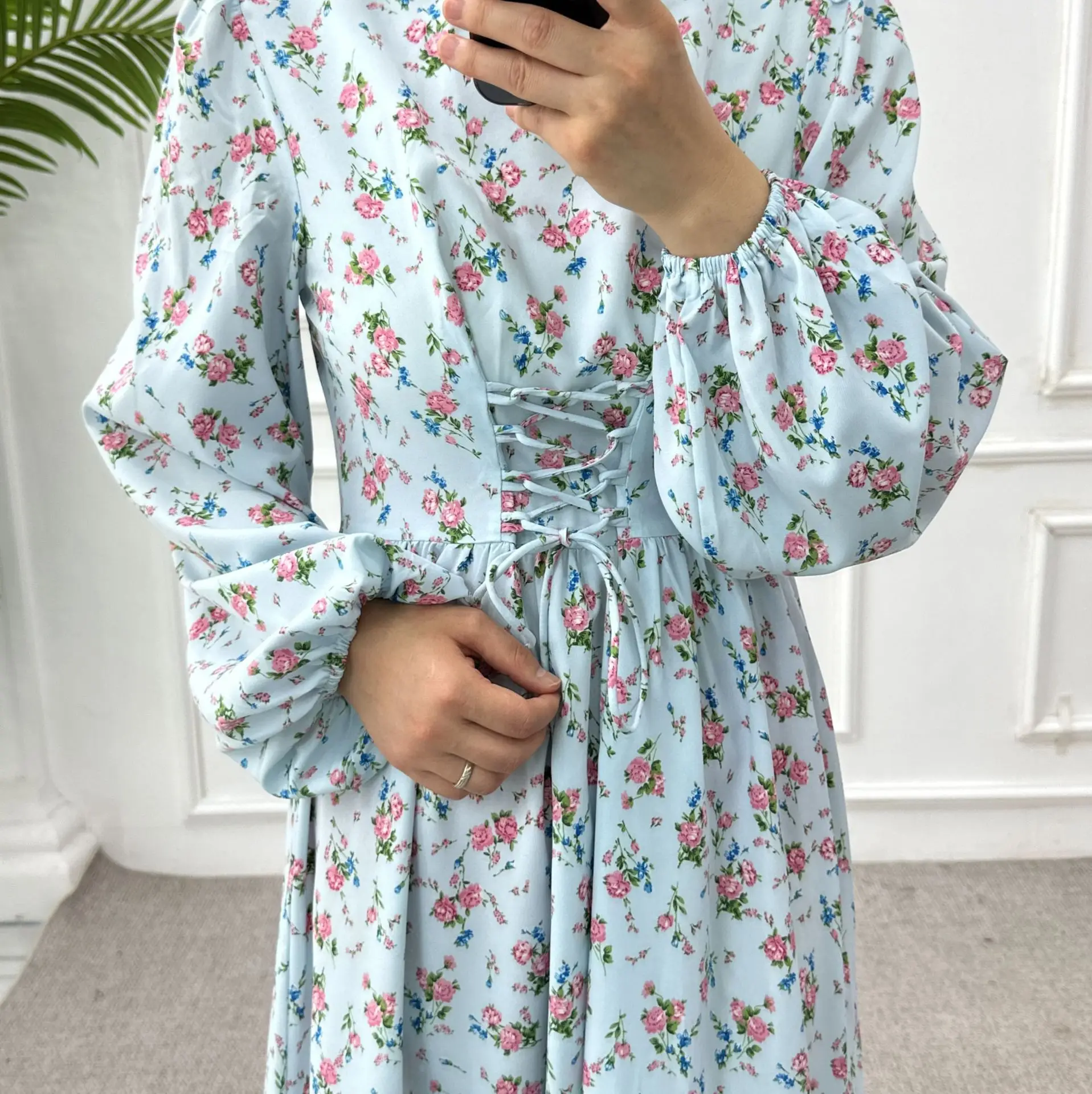 6 Colors Fashion Luxury Lace Up Muslim Abaya Dress Elegant Flower Printed Dress Waist and Ankle Length Printed Long Dresses