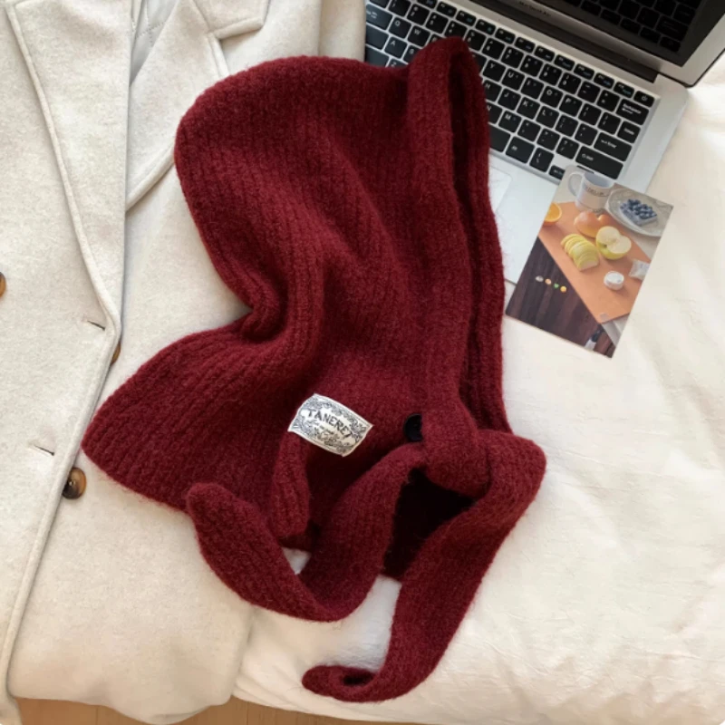 النسخة الكورية من البلوز البسيط بالاكلافا القبعات النسائية الشتاء في الهواء الطلق محبوك سنود المتكاملة الرقبة الدانتيل متابعة قبعة صغيرة دافئة قبعات