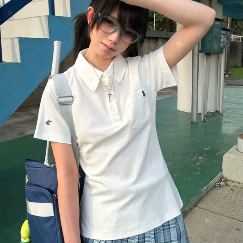 ديبتاون الأساسية المطرزة تي شيرت المرأة قصيرة الأكمام بولو طوق النمط الياباني JK تيز سليم Preppy بلون الصيف الشباب #2