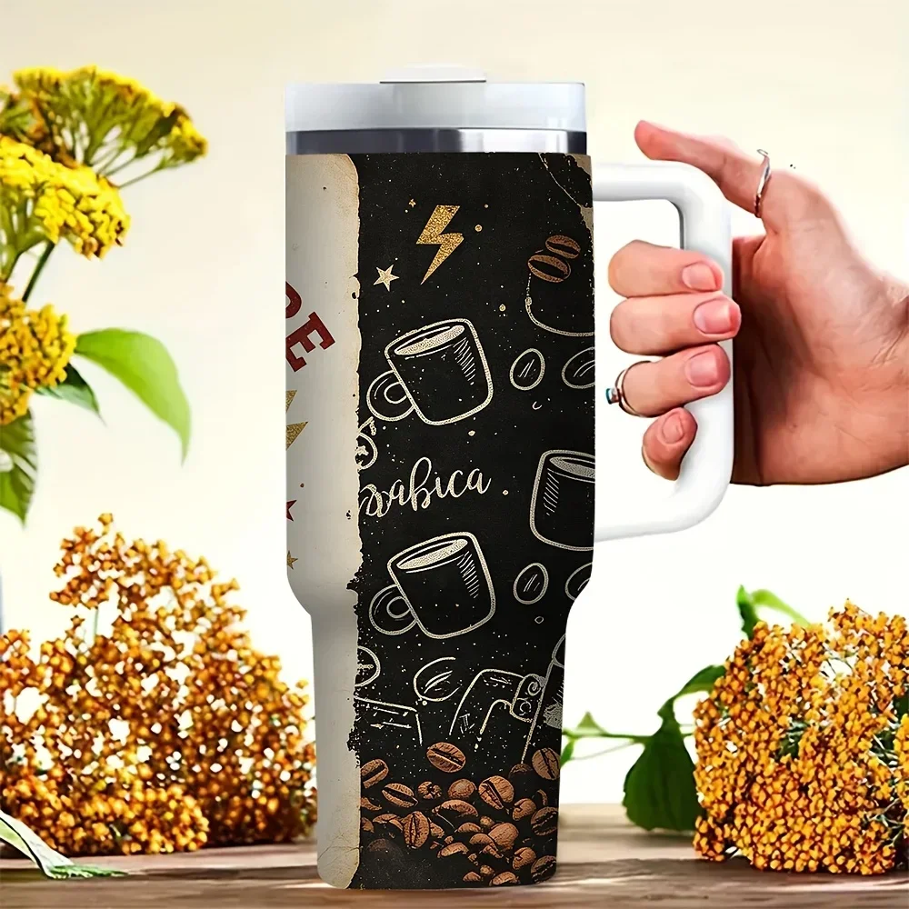 40Oz Tumbler with Handle, Death Before Decaf Coffee Themed Print, Perfect for Coffee Lovers, Suitable for Daily Use, Commuting, Camping, And Outdoor Travel, Works for Both Hot And Cold Drinks