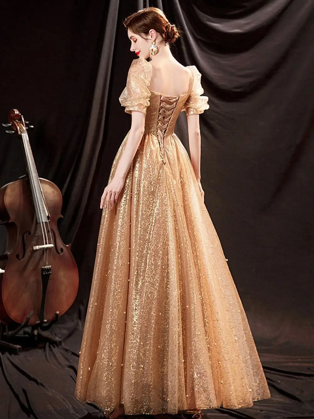 Light Luxury Golden Evening Dress For Women Elegant Shinning Square Collar Host Vestido Puff A-Line Stage Performance Gown