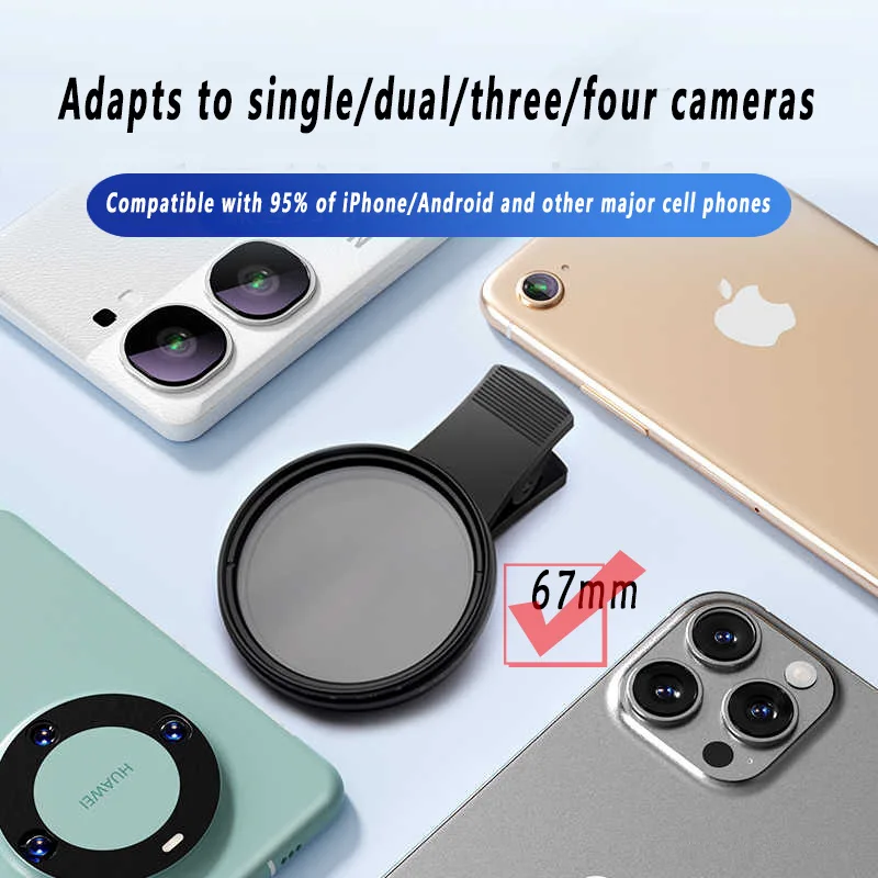 67mm Clip-on ND2-400 Kit filtro obiettivo fotocamera telefono Filtro densità neutra regolabile per iPhone 16 15 14 13 12 11 Telefono Android