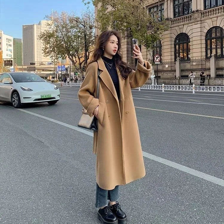 Lace UP Long Coat Women 2024 Spring Faux Woolen Full Sleeve Female Midi Jacket Fashion Single Breasted Loose Causal Lady Coats