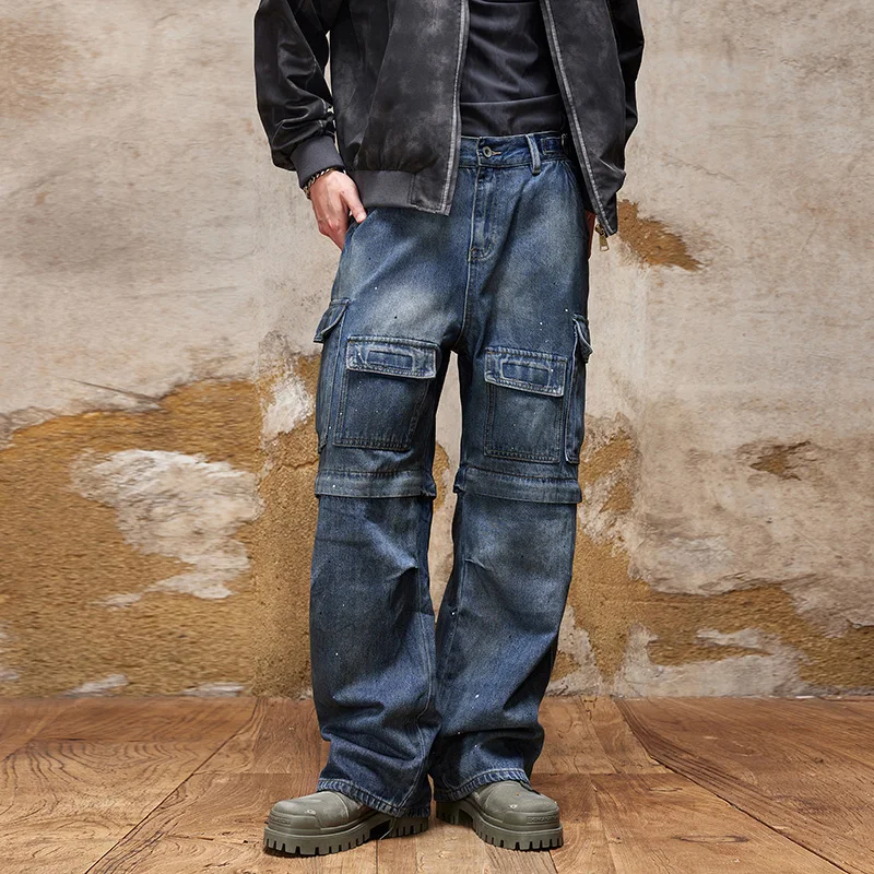 Men Hip Hop Jeans Cargo Pants Loose Baggy Wide Leg Jeans For Men Multi-Pockets Dismountable Zipper Desinger Motocycle Streetwear