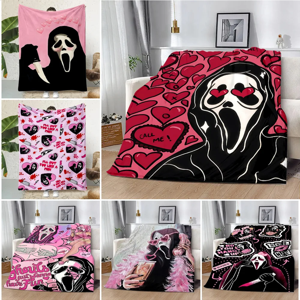 Cartoon Pink Ghost face Printed Blanket Picnic Blankets Warm Blanket Soft and Comfortable Blanket Home Travel Birthday Gift