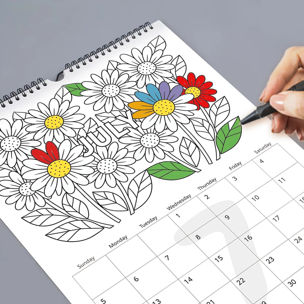 

1pc 2026 Floral Coloring Wall Calendar, Line Art,12 Beautiful Designs,Monthly Plans,Perfect Gift for Birthday,Christmas,New Year