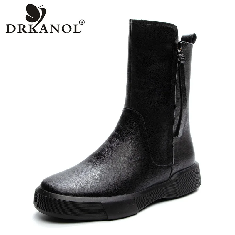 DRKANOL Winter Warm Boots Women Real Cowhide Mid Calf Snow Boots Ladies Retro Style Soft Rubber Sole Comfort Flat Heel Boots