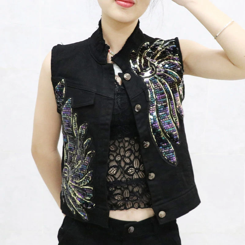 Fashion Denim Vest Jacket Womens Spring Summer New Basic Vests Coat Elastic Embroidery Sequins Female Korean Cowboy Waistcoat