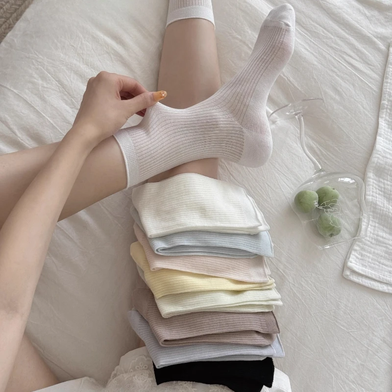 

Summer Socks Women 76% Lyocell Silk Thin Breathable Solid Color Long Socks Korean Style Casual Streetwear Middle Tube Socks Sox