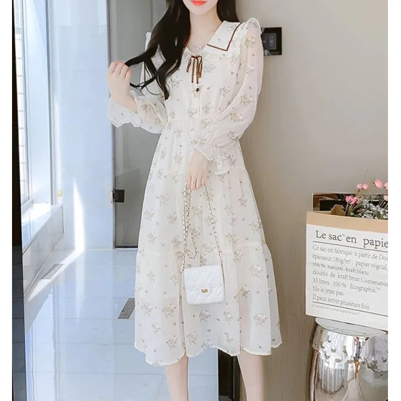 Women Ruffle Lace Up Floral Print Sweet Fairy Midi Dress Fashion Long Sleeve Slim Elegant Party Dresses Chic High Waist Vestidos