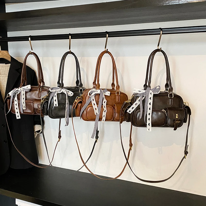 

Autumn Women Vintage Shoulder Bag Multiple Pockets PU Square Crossbody Bags American Fashion Street Style Moto&Biker Handbags