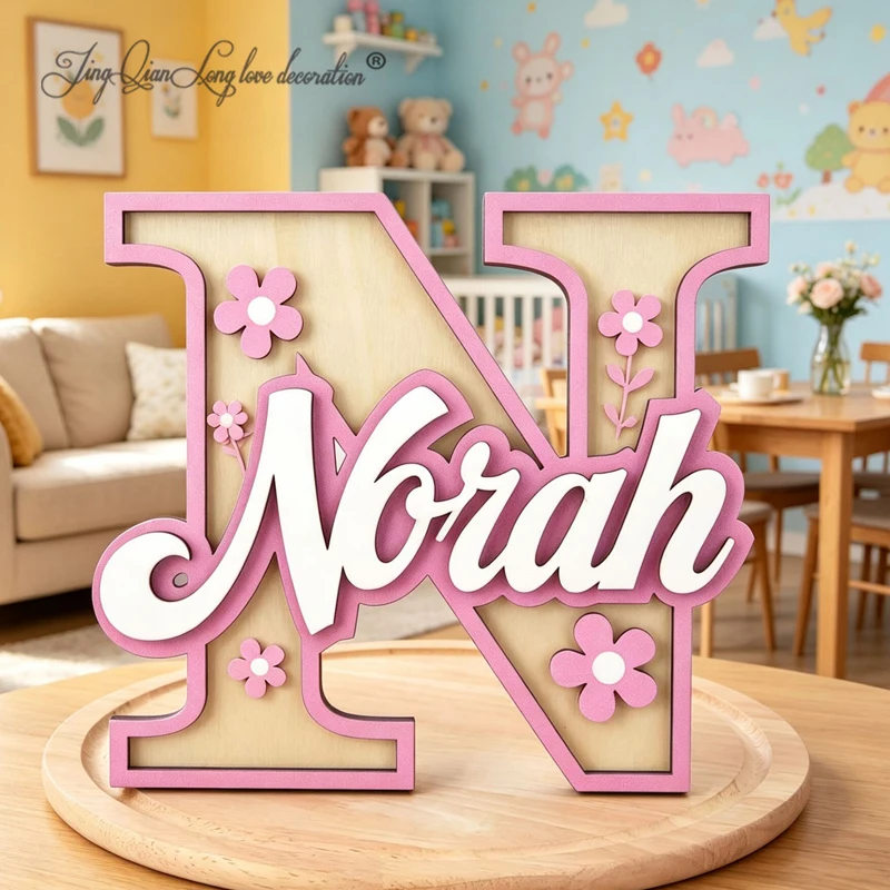 Personalized Initials Wall Sign Modern Wooden Name Plaque with Capitalized Letters, Custom Nursery Door Sign, Kids Room Decor