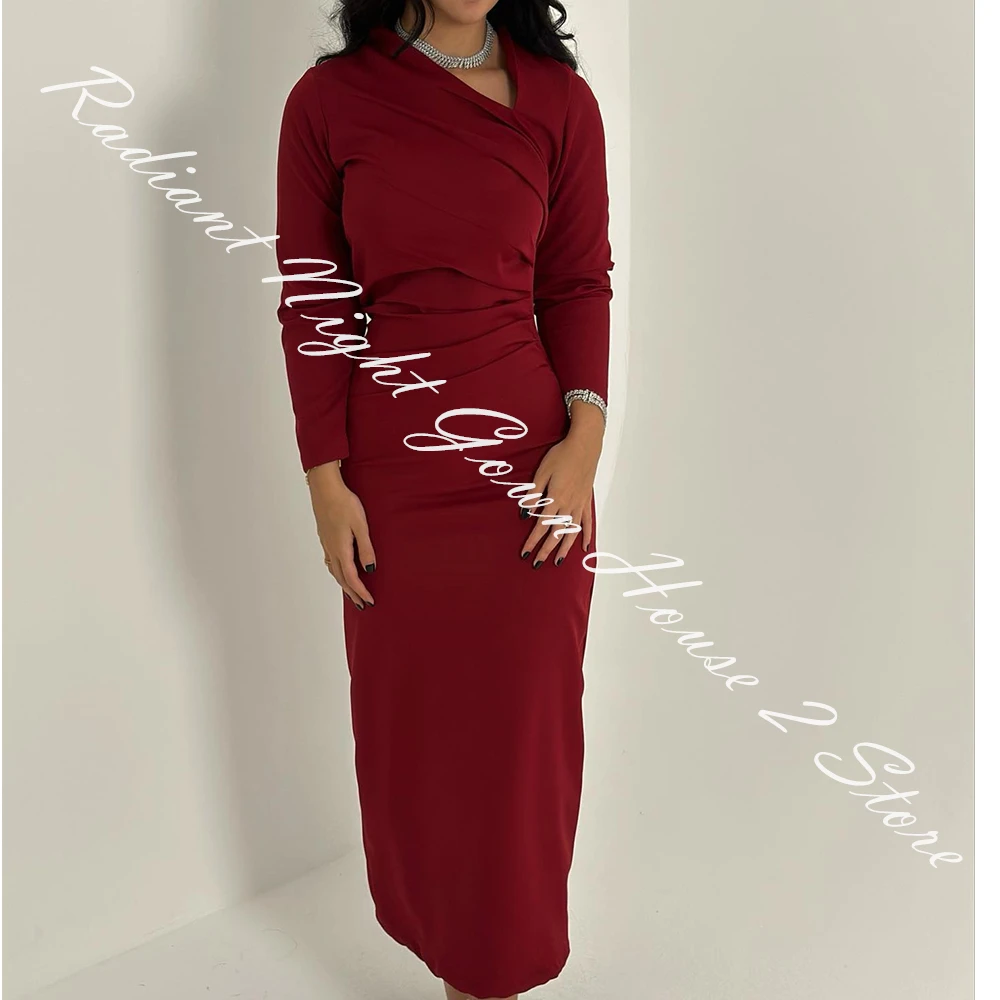 Customized Straight Jersey V-Neck Evening Dress Ankle Length Long Sleeves Burgundy High Quality Prom Gowns Saudi Arabia 2024