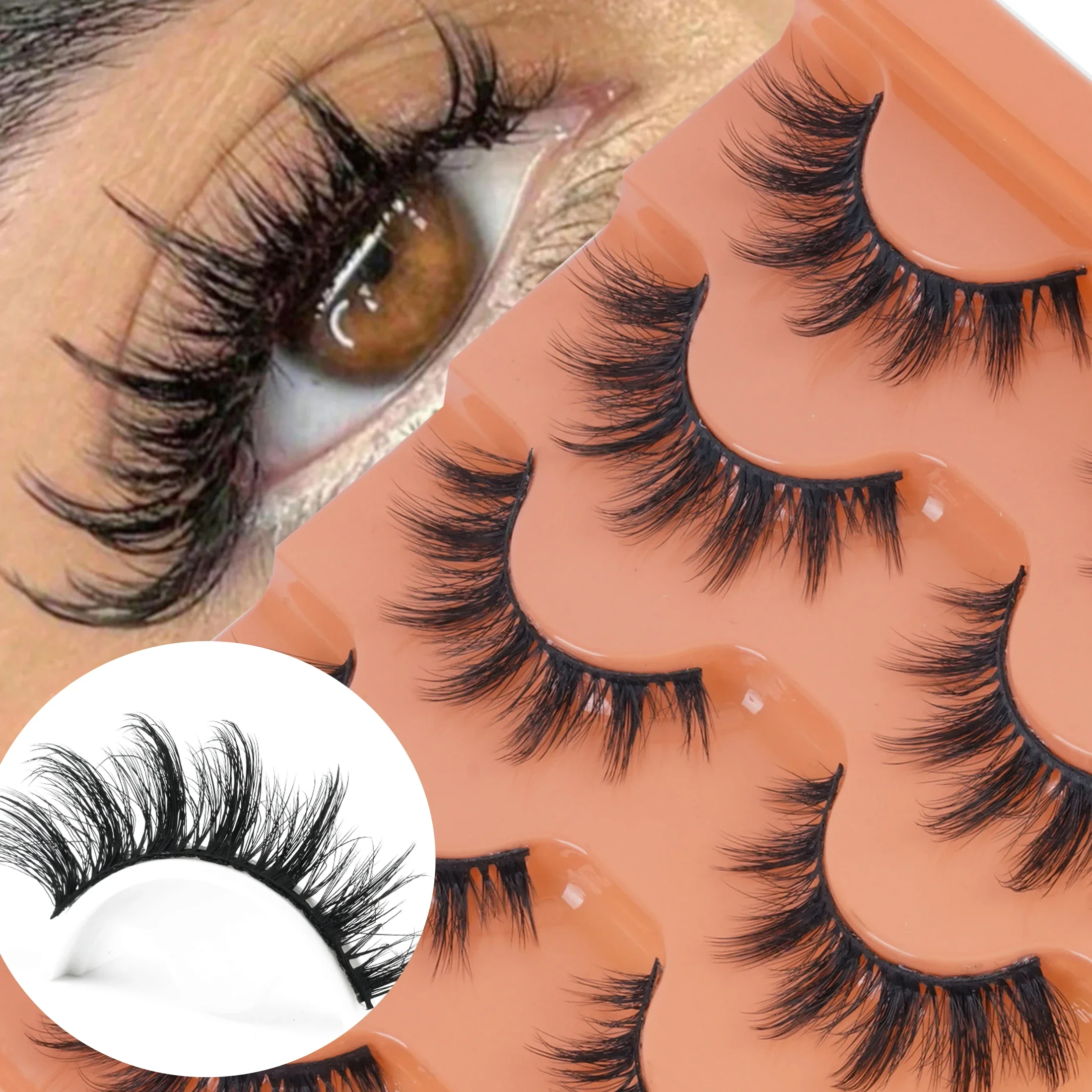5 Pairs Wispy Criss‑Cross Strip False Eyelashes Fluffy Faux Mink Voluminous Reusable Fake Lashes for Women Makeup