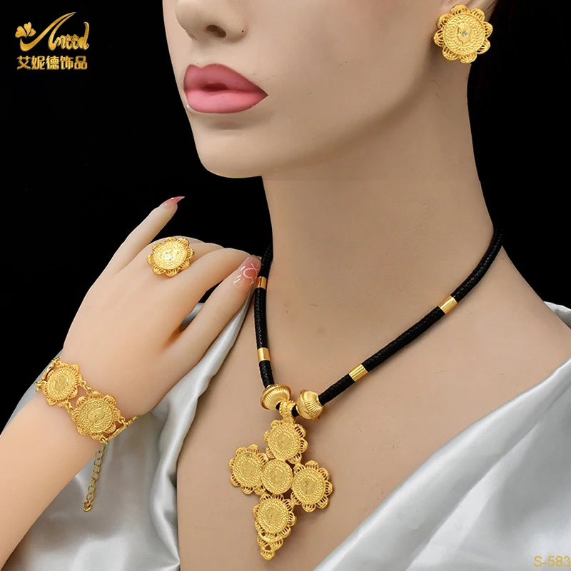 ANIID Indian Black Rope Set 24k Gold Color Coin Charm Jewelry Sets for Women Ethiopian Engagement Necklace Set Arab Party Gifts