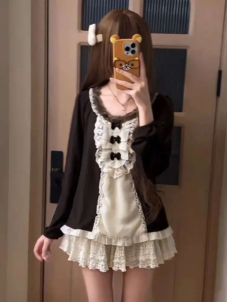 

Vintage Design Bow Loose Long Sleeve T-Shirts Women Hepburn Sweet O-neck Lace Patchwork Tees Fashion Casual Spring New Clothing