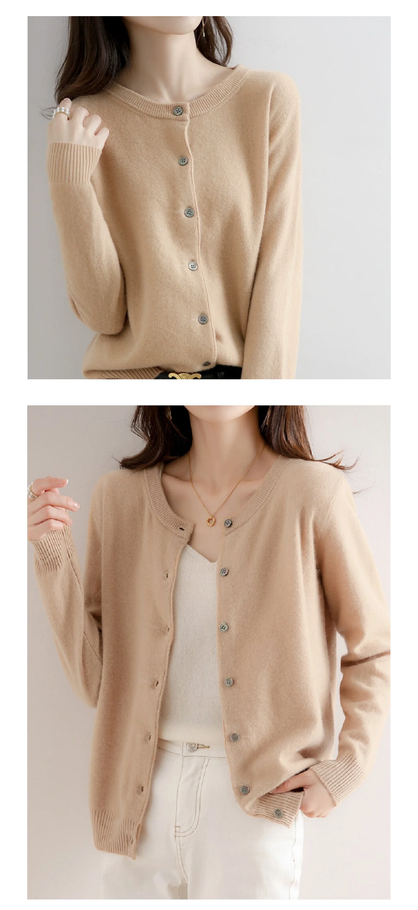 Neuer, locker geschnittener Pullover im koreanischen Stil für Damen, ideal für Frühling und Herbst, mit Rundhalsausschnitt, modisch und elegant, als lässige Arbeitskleidung oder Oberbekleidung geeignet, weiche und bequeme Strickjacke, einreihiger Mantel mit langen Ärmeln. – Detail 2