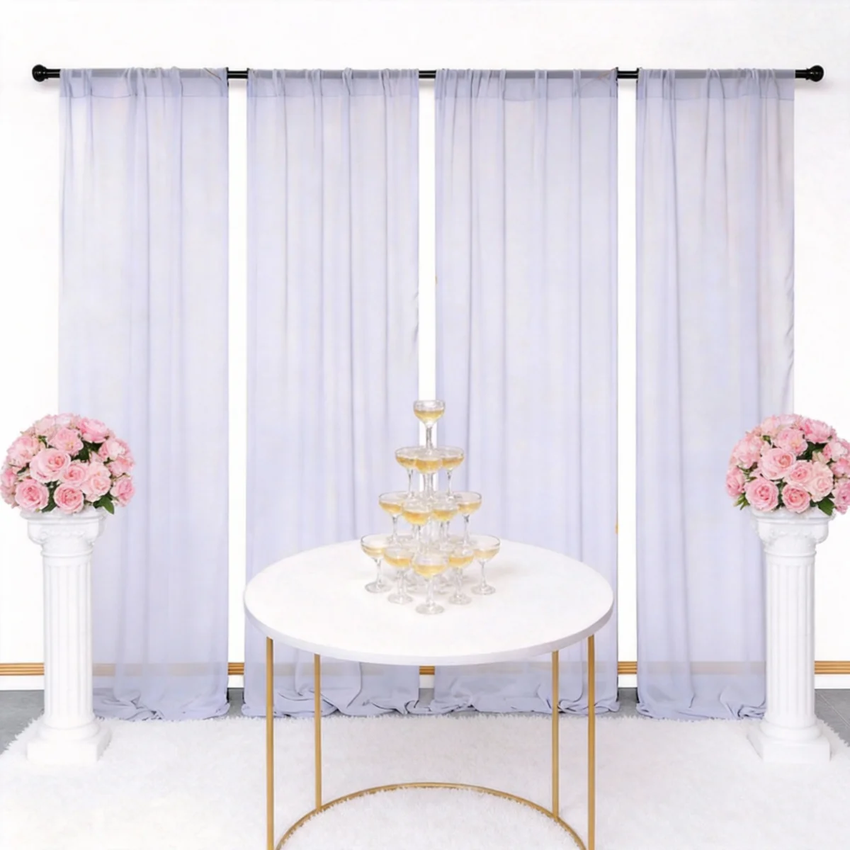 

6 Panels-2.42ft×8ft Sheer Silver Backdrop Curtain for Parties, Chiffon Silver Backdrop Drapes for Baby Shower Photoshoot Engagem