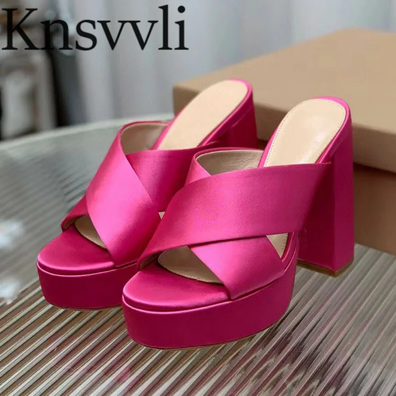 

Summer High Heels Slippers Women Pumps Cross Strap Satin Mules Runway Dress Shoes Woman Chunky Heels Platform Sandals Women