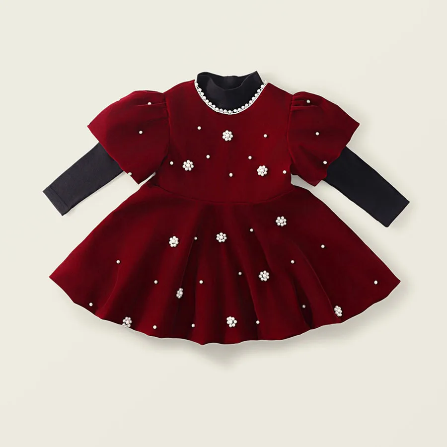 

Autumn Winter Children Dress Wine Red Vest Beading Dress Puff Sleeve Princess Dress Birthday Kids Party Costume Girl Clothes
