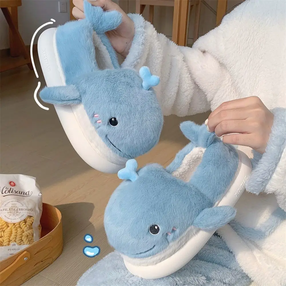 Designer Blue Fish House Shoes Woman Fuzzy Home Slippers Hairy Whale Slippers Women Fluffy Animal Fur Pull On Shoes