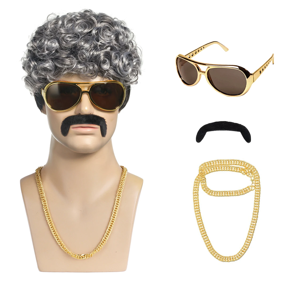 

Men's Black And White Synthetic Wig + Glasses + Beard + Necklace Holiday Party Halloween Cosplay Rocker Costume Set Wig