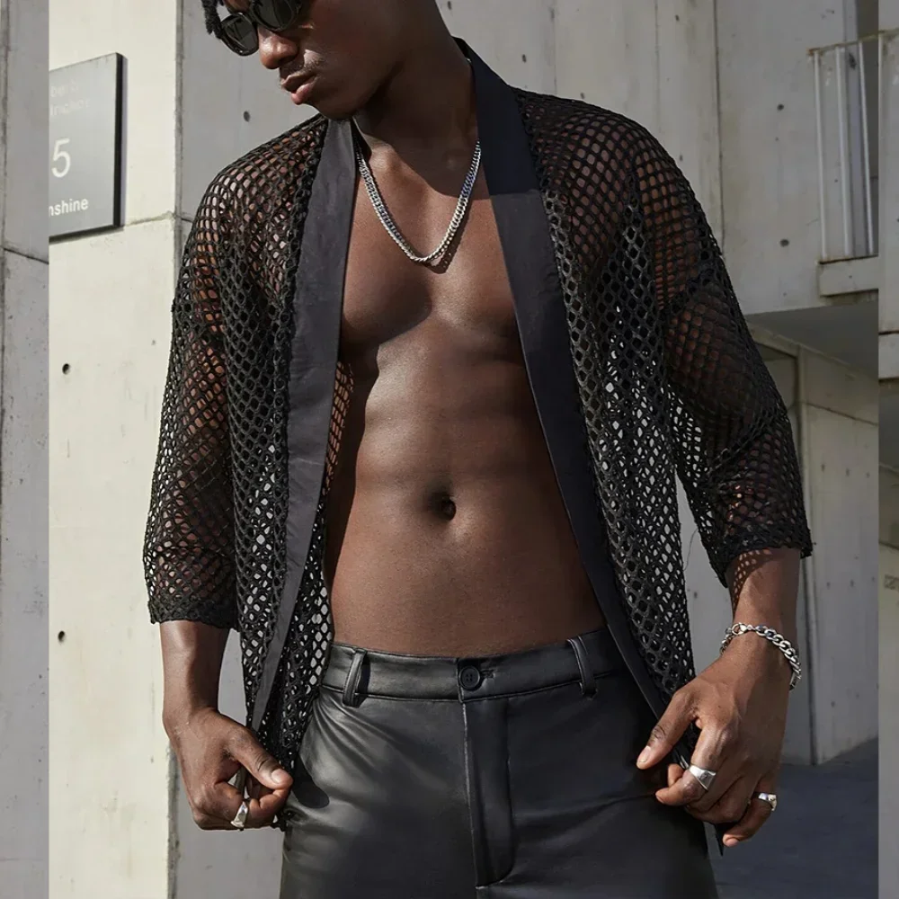 

Men's Mesh Tops Hollow Out T-shirt Masculine Cardigan Shawl Streetwear Men's Fashion Performance Wear Top Shirt Chemise Homme