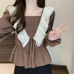 Fashion Spliced Folds Lace Up Ruffles T-Shirts Female Clothing 2023 Autumn Winter Loose Casual Tops Butterfly Sleeve Tee Shirt