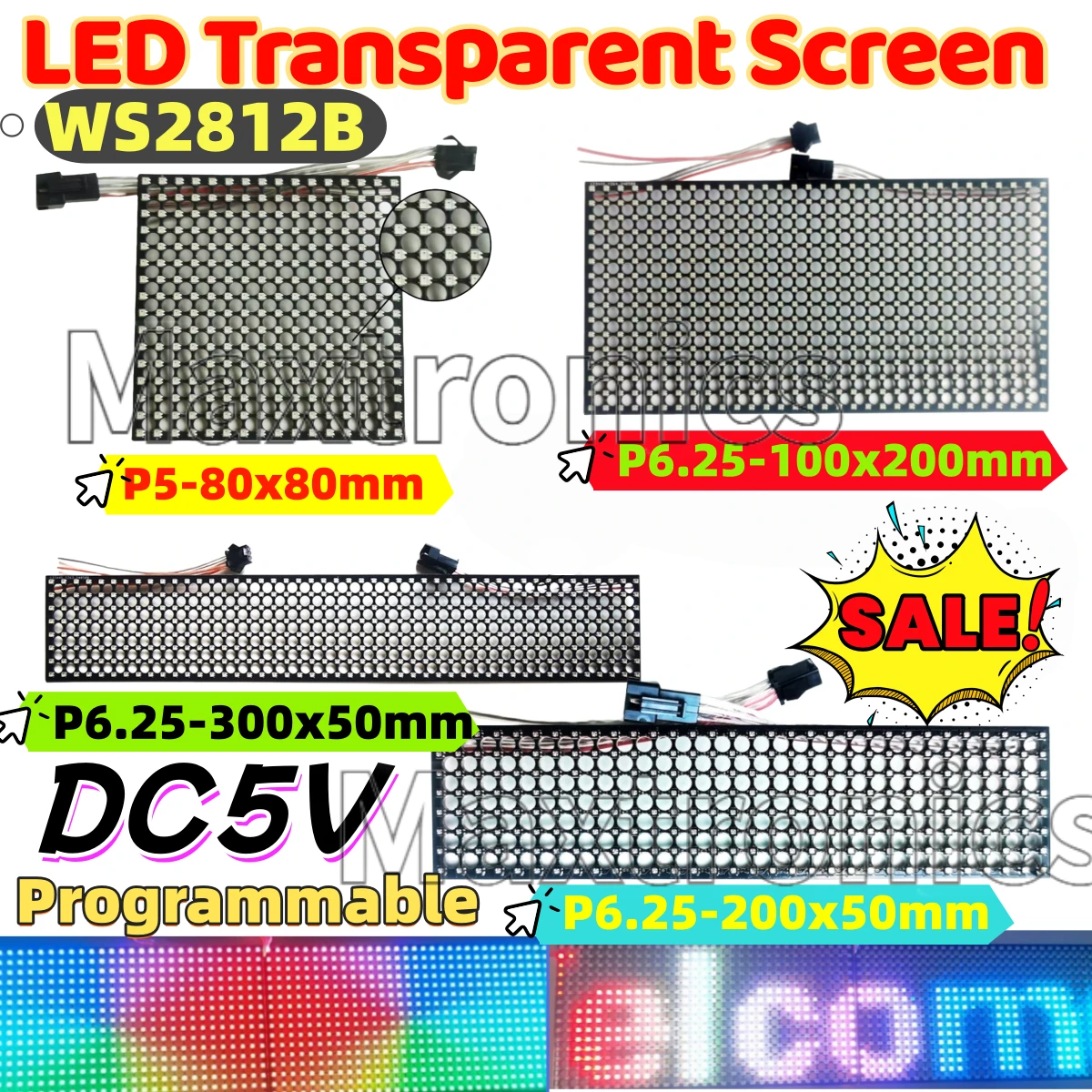

NEW P5/P6.25 Mini Programmable LED Transparent Screen 8x32 8x48 16x32 256/512 Pixel RGB Digital DC5V WS2812 Modules for LED Sign