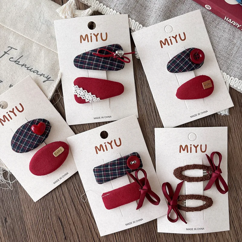 

2PC Baby Hair Clips Set Blue Tartan Plaid Bowknot BB Barrettes Kids Heart Hairpins Girls Women Valentine's Day Hair Accessories