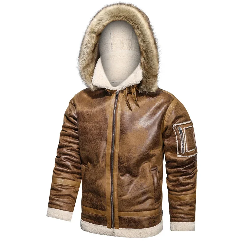 Hooded Slim Motorcylce Casual Fleece Thicken Motorcycle PU Jacket Biker Warm Clothing Men Winter New Leather Jackets