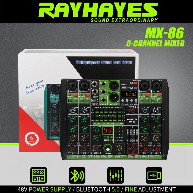 

RAYHAYES MX-86 DJ Audio Mixer 99 reverb effects supports 48V phantom power Bluetooth and in-ear monitoring