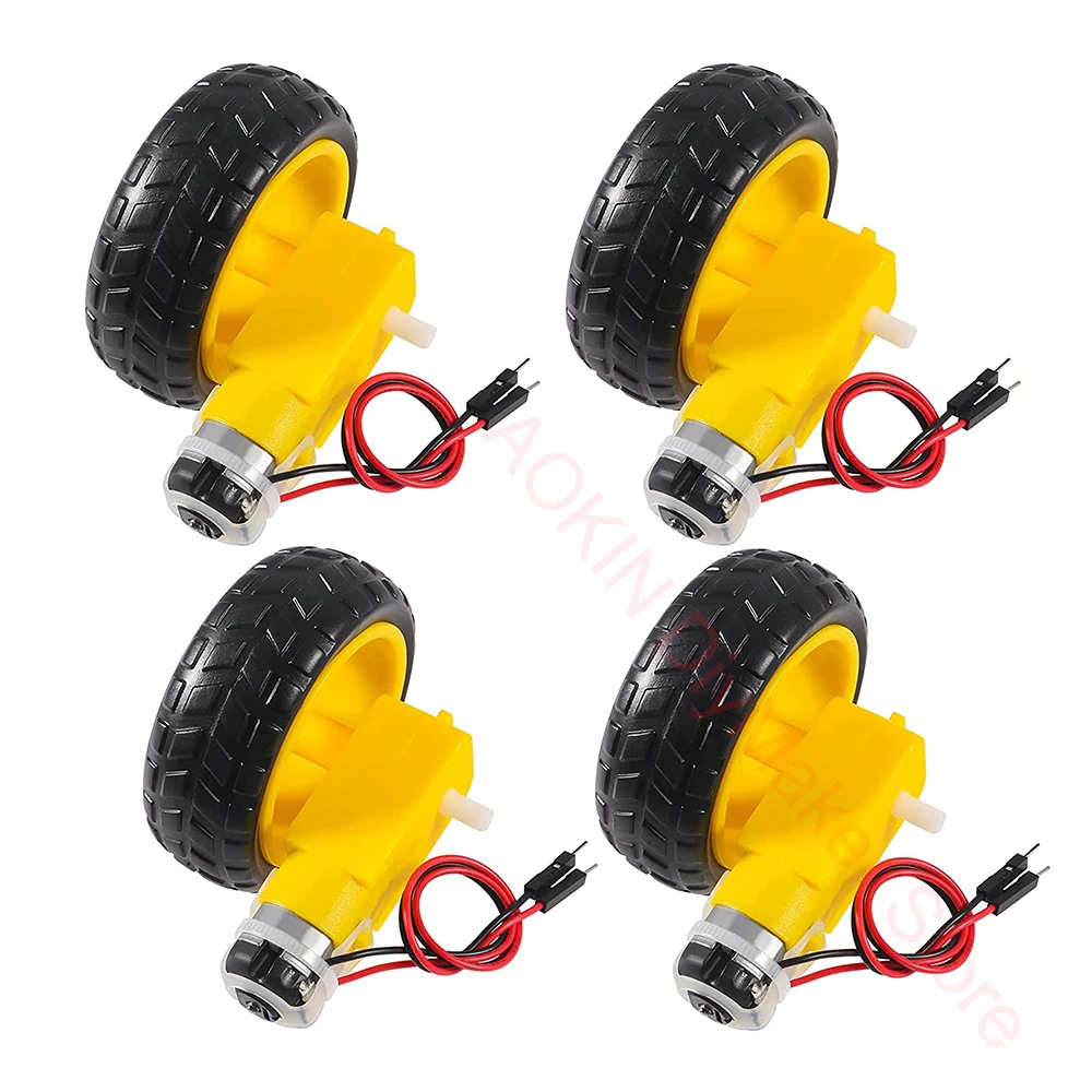 4 pcs DC Electric TT Gear Motor Wheel Kit 3-6V Dual Shaft Geared TT Magnetic Gearbox Engine with 69mm Plastic Car Tire Wheel