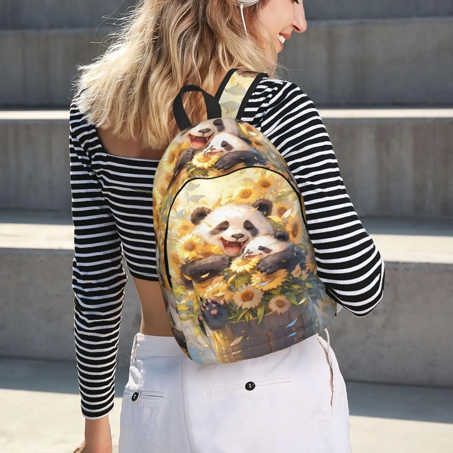 Mochila para computadora portátil de viaje: lindo panda girasol Mochila de lona para computadora con correas ajustables