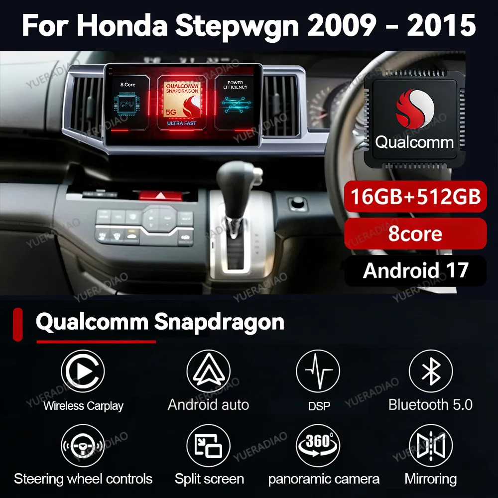 Android 17 Car Radio For Honda Stepwgn 2.0 RK 2009 - 2013 - 2015 GPS NAVI Touch Screen BT Double Din Head Unit 4G LTE 5G WIFI FM