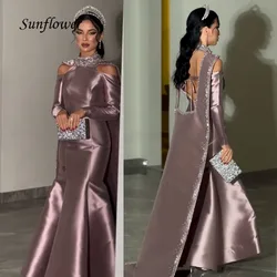 Sunflower Halter Formal Evening Dress 2023 Slim Backless Satin Beading Appliques Mermaid Prom Dress Floor-Length Party Dress