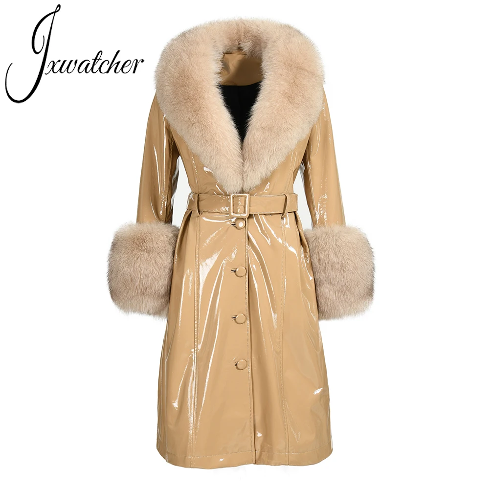 Imagem -05 - Jxverer Couro Genuíno Feminino Longo Trench Coat Senhoras Outono Inverno Tamanho Grande Pele de Carneiro com Gola de Pele de Raposa Real Outwear