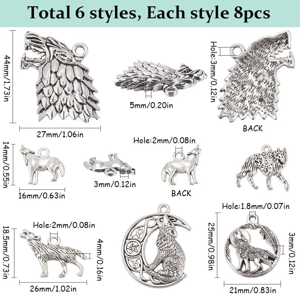 48Pcs 6 Stlyes Wolves Charms Wolf Charm Bulk Alloy Ancient Silver Moon Dragon Tibetan Style Feather Wild Animal Round making kit